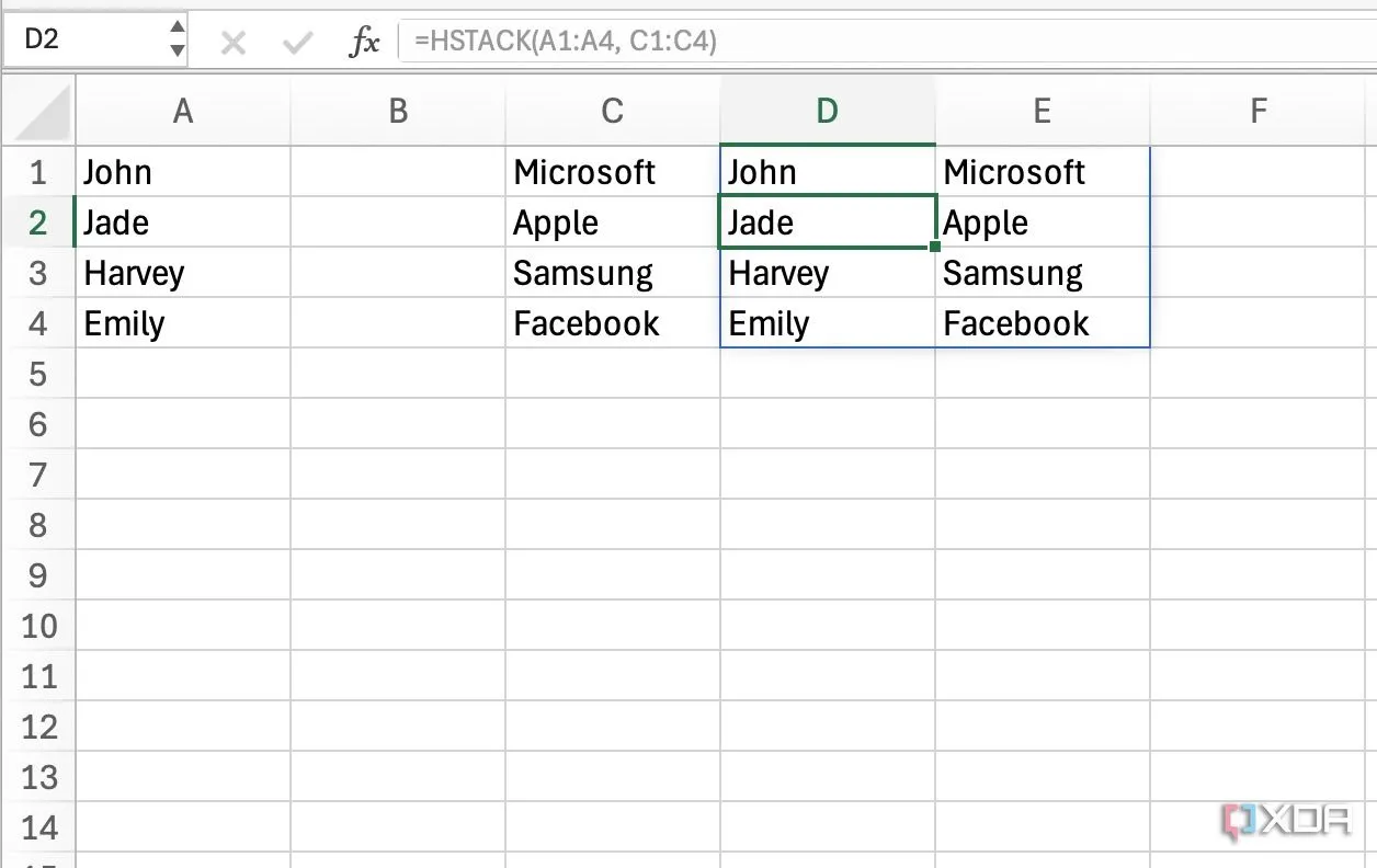 Minh họa cách dùng hàm HSTACK để ghép cột trong Excel