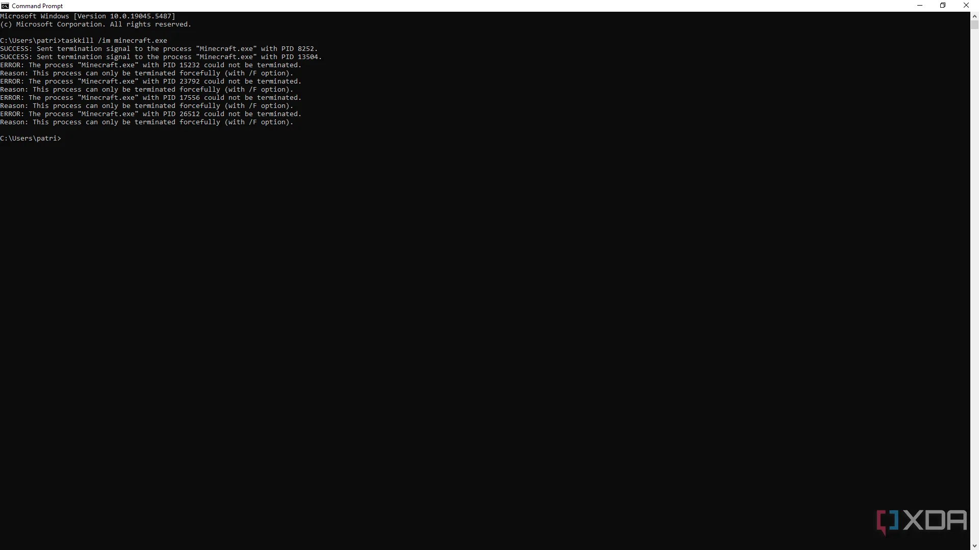 Minh họa cách sử dụng lệnh taskkill trong Command Prompt để chấm dứt một tiến trình.