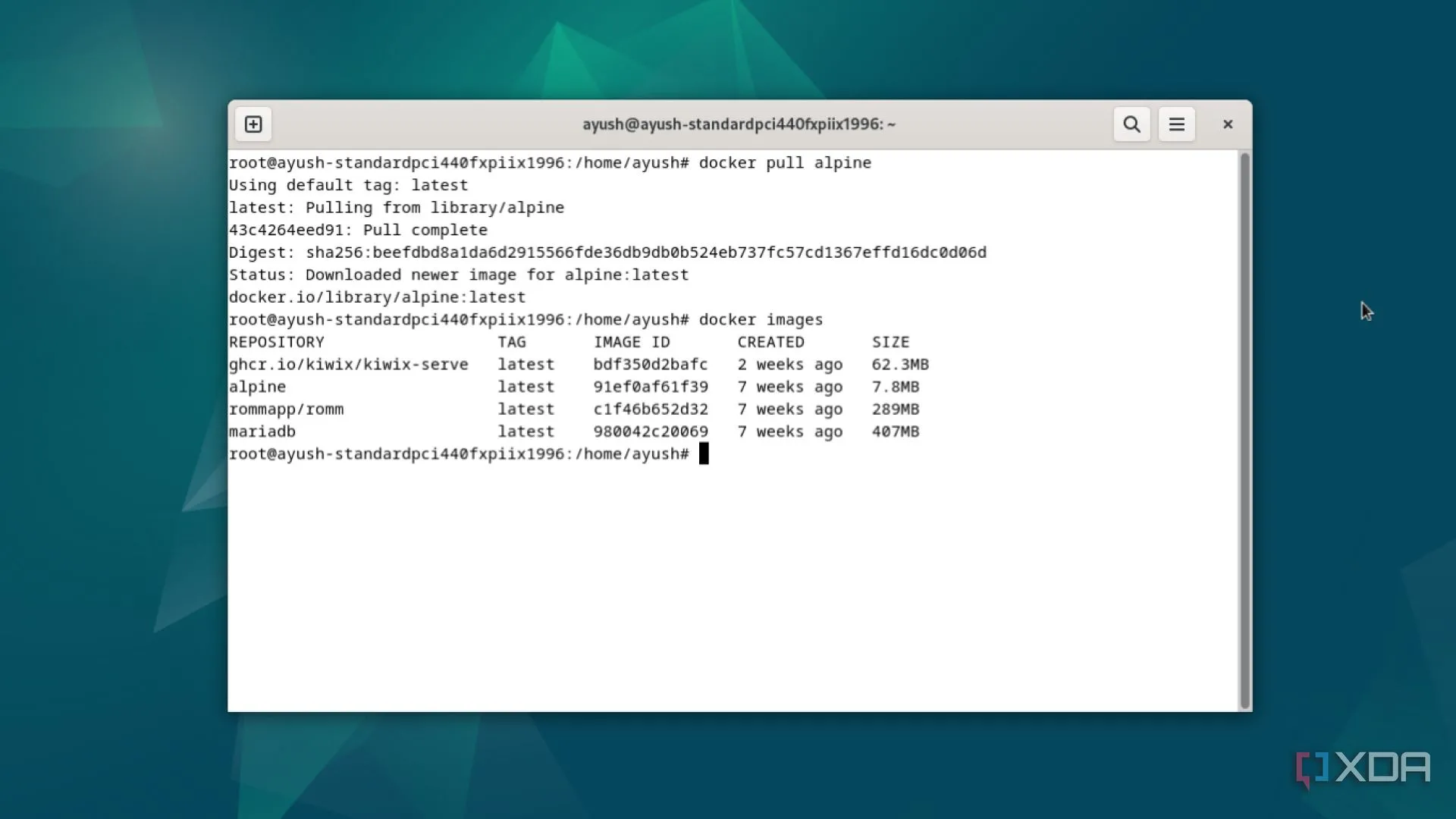 Minh họa chạy lệnh docker images trên Debian, thể hiện khả năng thiết lập môi trường phát triển dễ dàng với Docker.