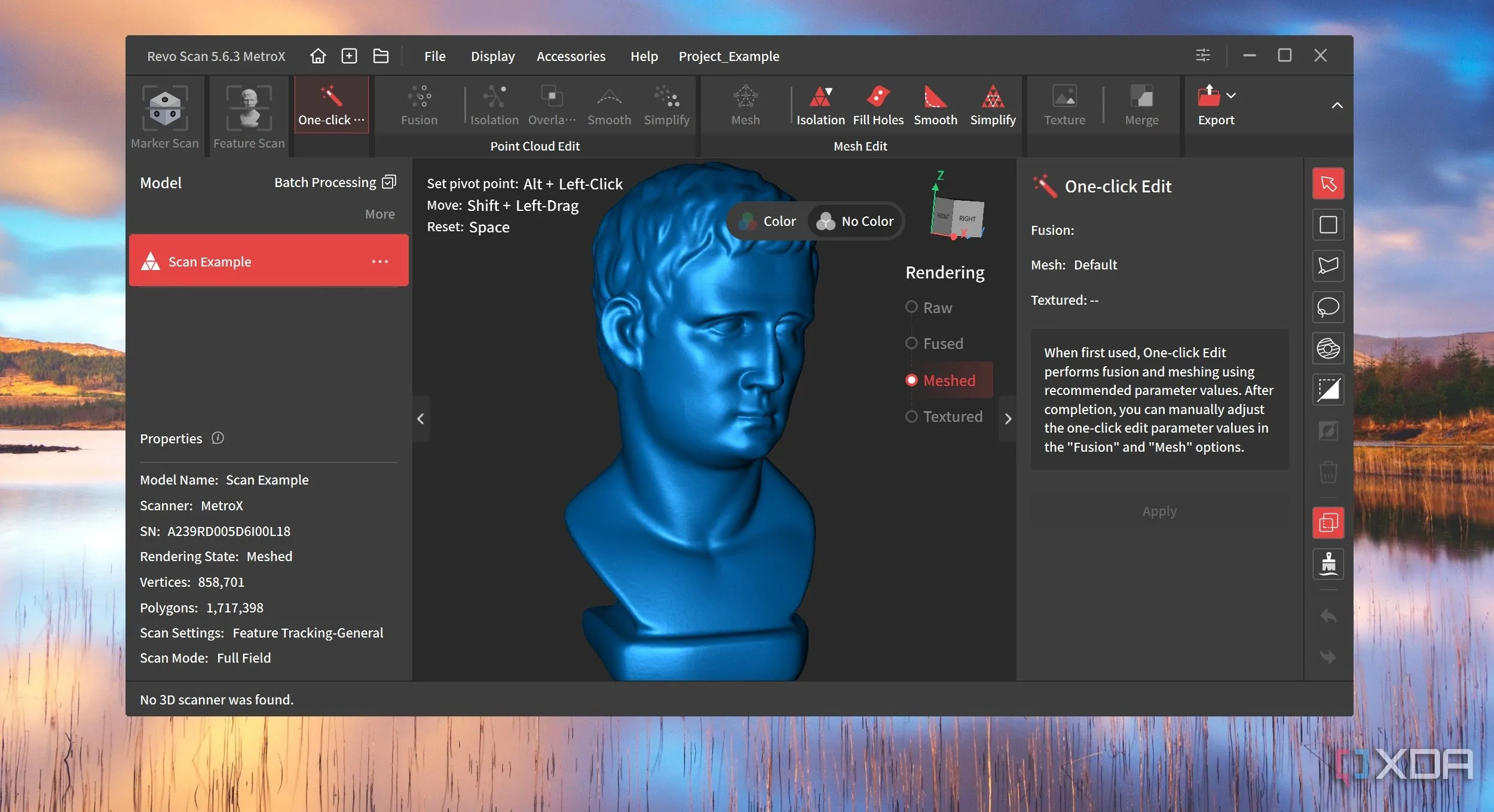 Mô hình đầu người được quét 3D và hiển thị trong phần mềm Revo Scan 5, minh họa khả năng tái tạo chi tiết nhanh chóng của máy quét 3D.