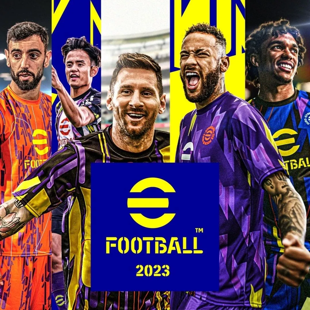 Mô tả sản phẩm game eFootball, hiển thị logo và cầu thủ trong sân vận động ảo.