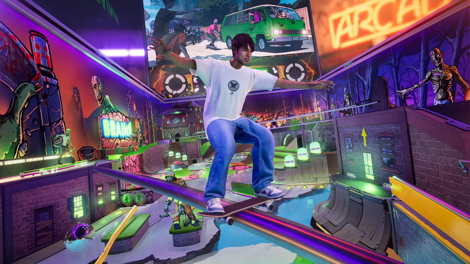 Môi trường Pinball Park đầy màu sắc trong game Tony Hawk's Pro Skater 3 + 4, gợi nhớ phong cách arcade.
