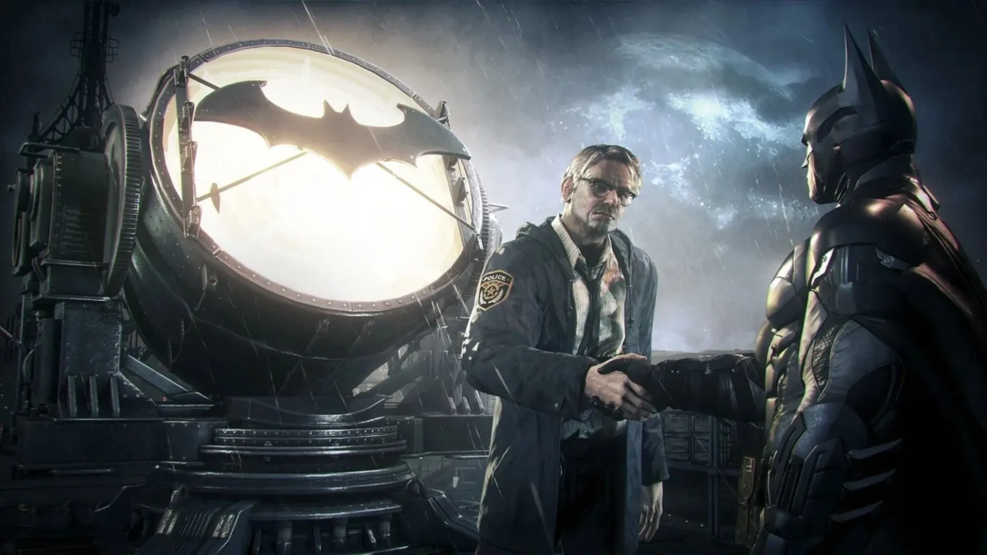 Một ảnh chụp màn hình gameplay của Batman: Arkham Knight với Batman nhìn từ trên cao
