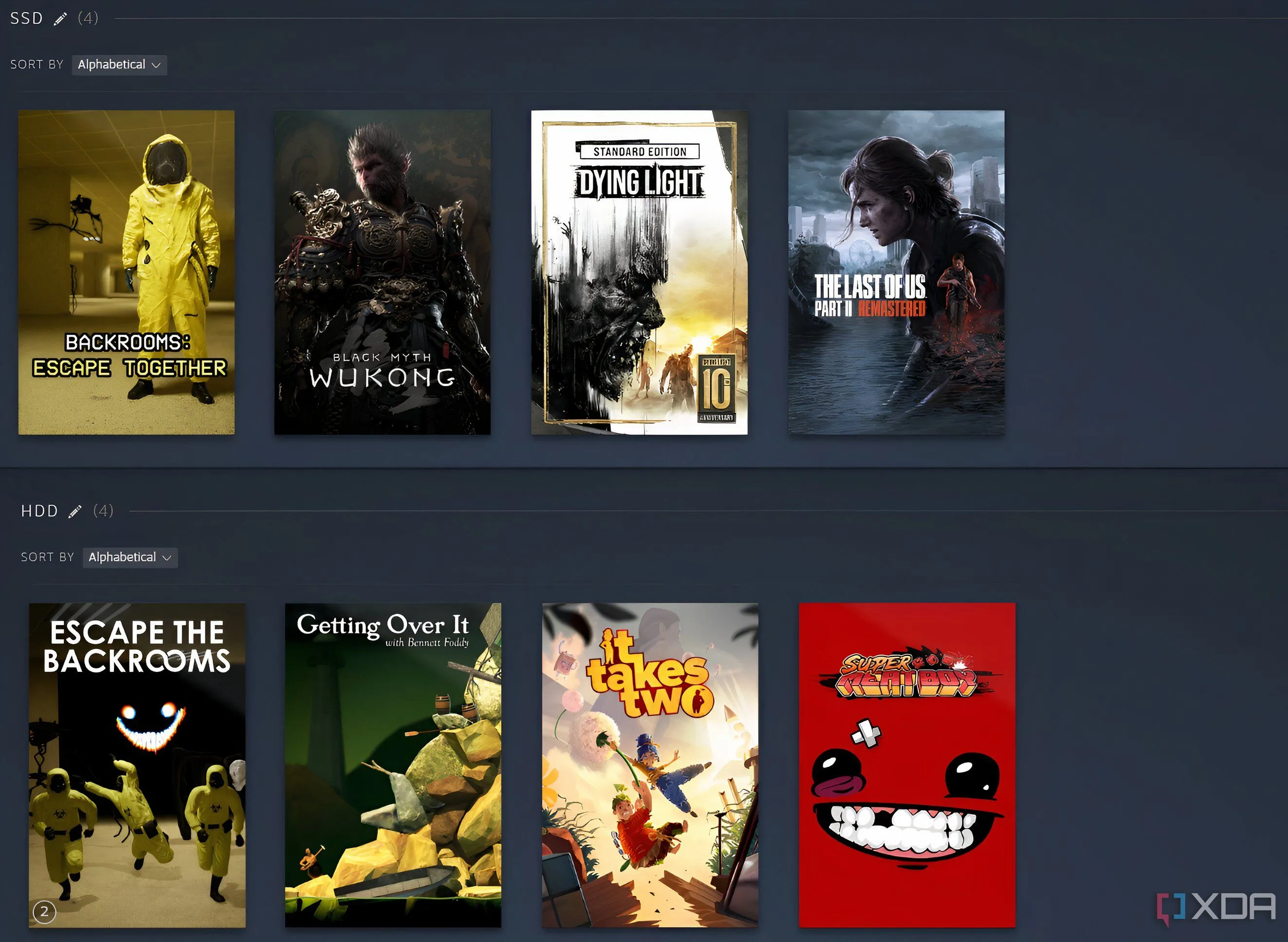 Một ảnh chụp màn hình Steam hiển thị hai bộ sưu tập game riêng biệt được đặt tên là SSD và HDD, thể hiện cách sắp xếp game theo loại ổ đĩa.