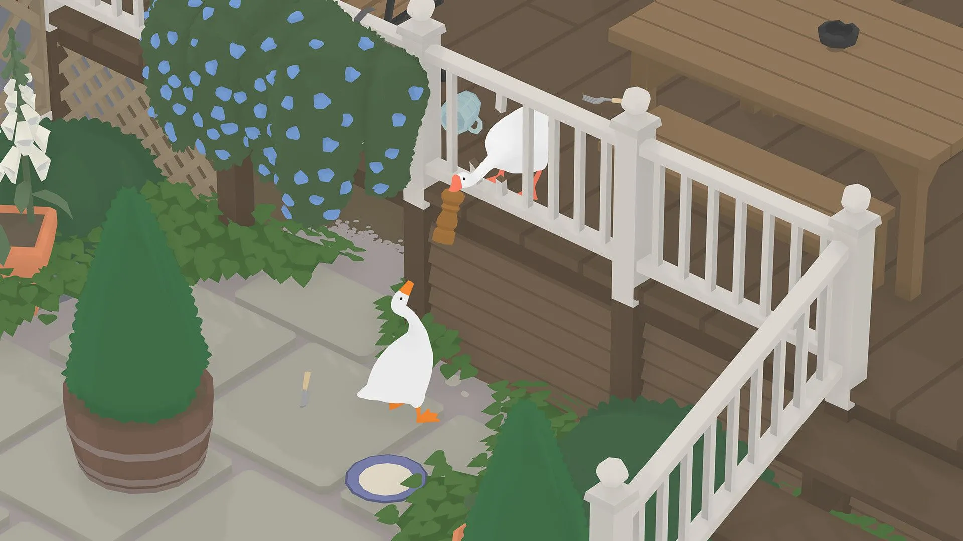 Một cảnh game từ Untitled Goose Game, minh họa cho trải nghiệm chơi game hợp tác vui nhộn mà Split Fiction hứa hẹn mang lại trên Nintendo Switch 2.