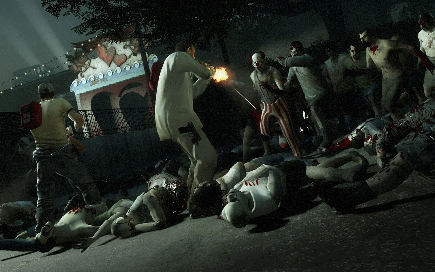 Một cảnh hành động trong game Left 4 Dead 2 với các nhân vật chiến đấu chống lại zombie