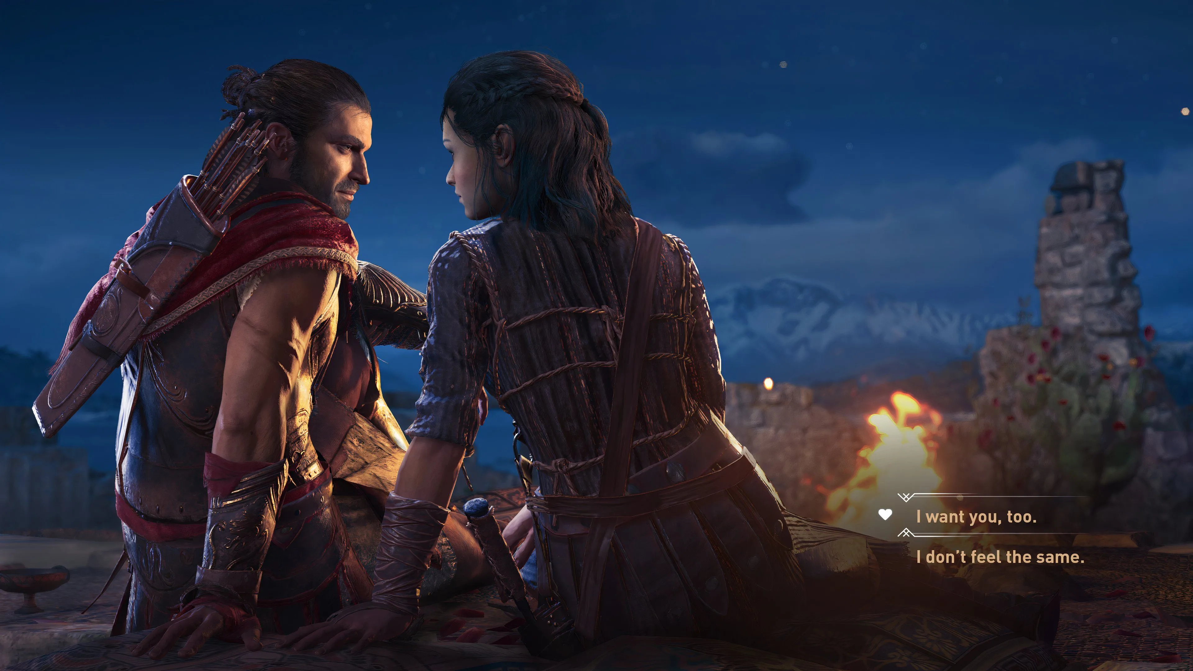 Một cảnh lựa chọn đối thoại lãng mạn trong Assassin's Creed Odyssey, thể hiện yếu tố RPG