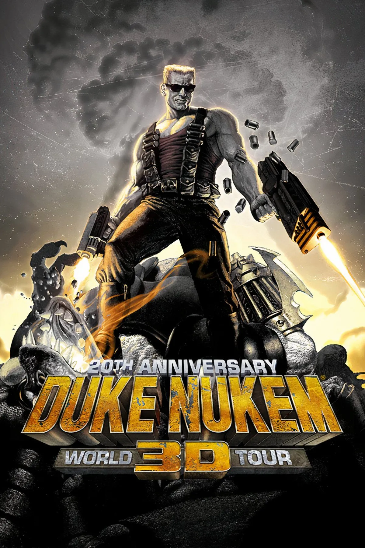 Một hình ảnh ghép từ các cảnh trong Duke Nukem 3D, với nhân vật Duke Nukem cùng các yếu tố môi trường tương tác độc đáo.