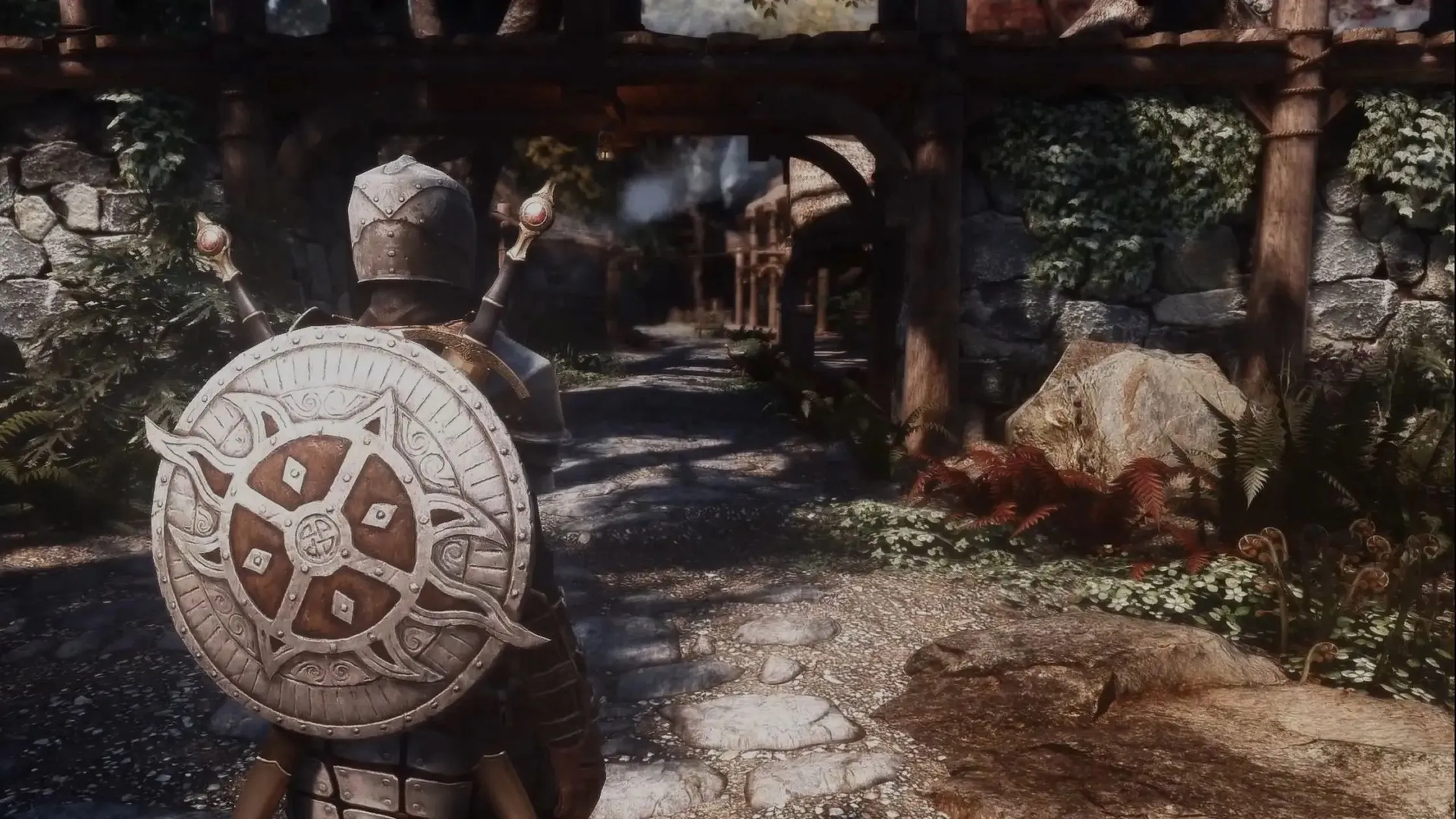 Một khung cảnh từ The Elder Scrolls V Skyrim với đồ họa được nâng cấp, thể hiện thế giới mở rộng lớn và ấn tượng của game nhập vai này