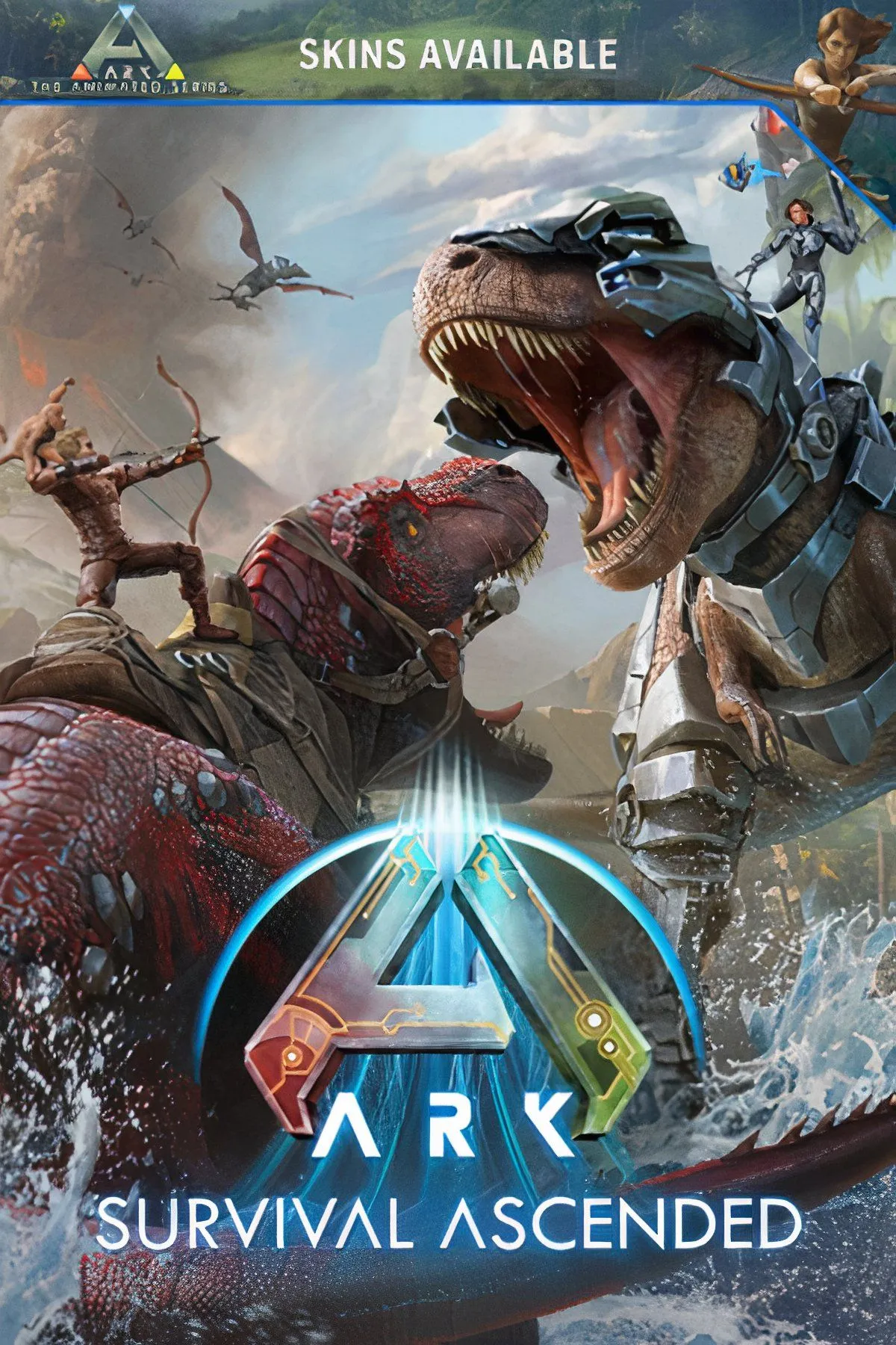 Một người chơi cưỡi khủng long T-Rex trong Ark: Survival Ascended, khám phá thế giới mở rộng lớn và đồ họa thế hệ mới.