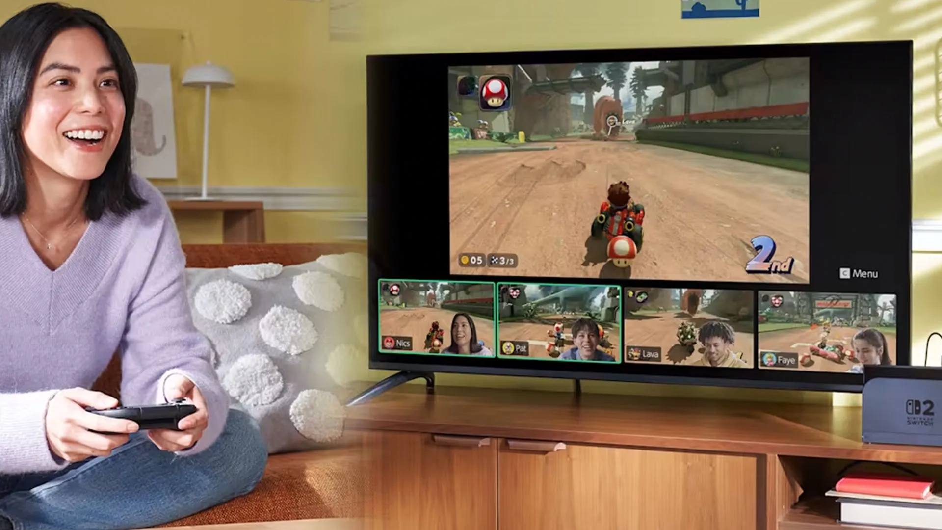 Một người chơi đang trải nghiệm Mario Kart trên Nintendo Switch 2, minh họa các vấn đề tương thích có thể xảy ra khi chơi game.