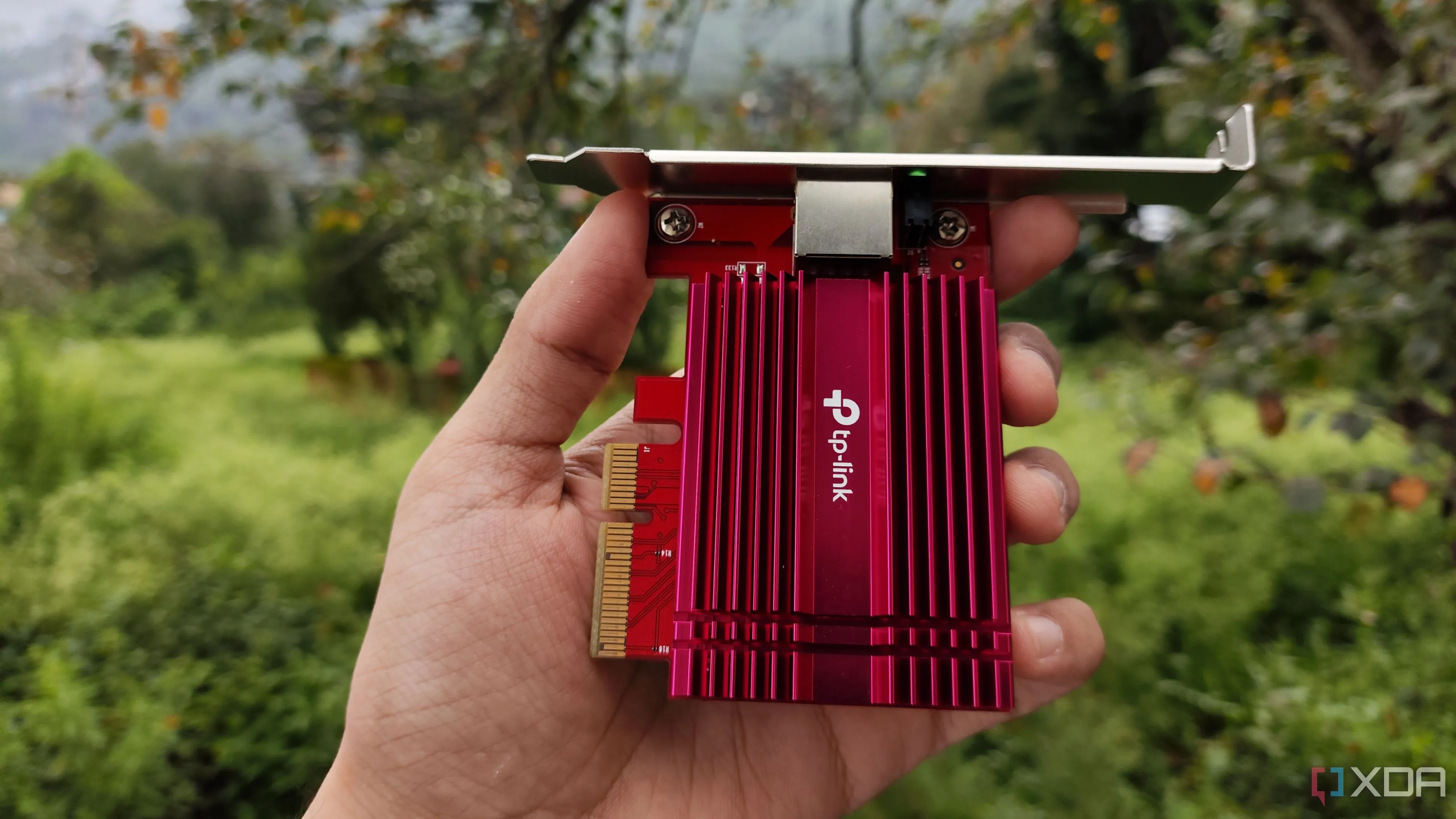 Một người đang cầm thẻ mạng TP-Link 10G