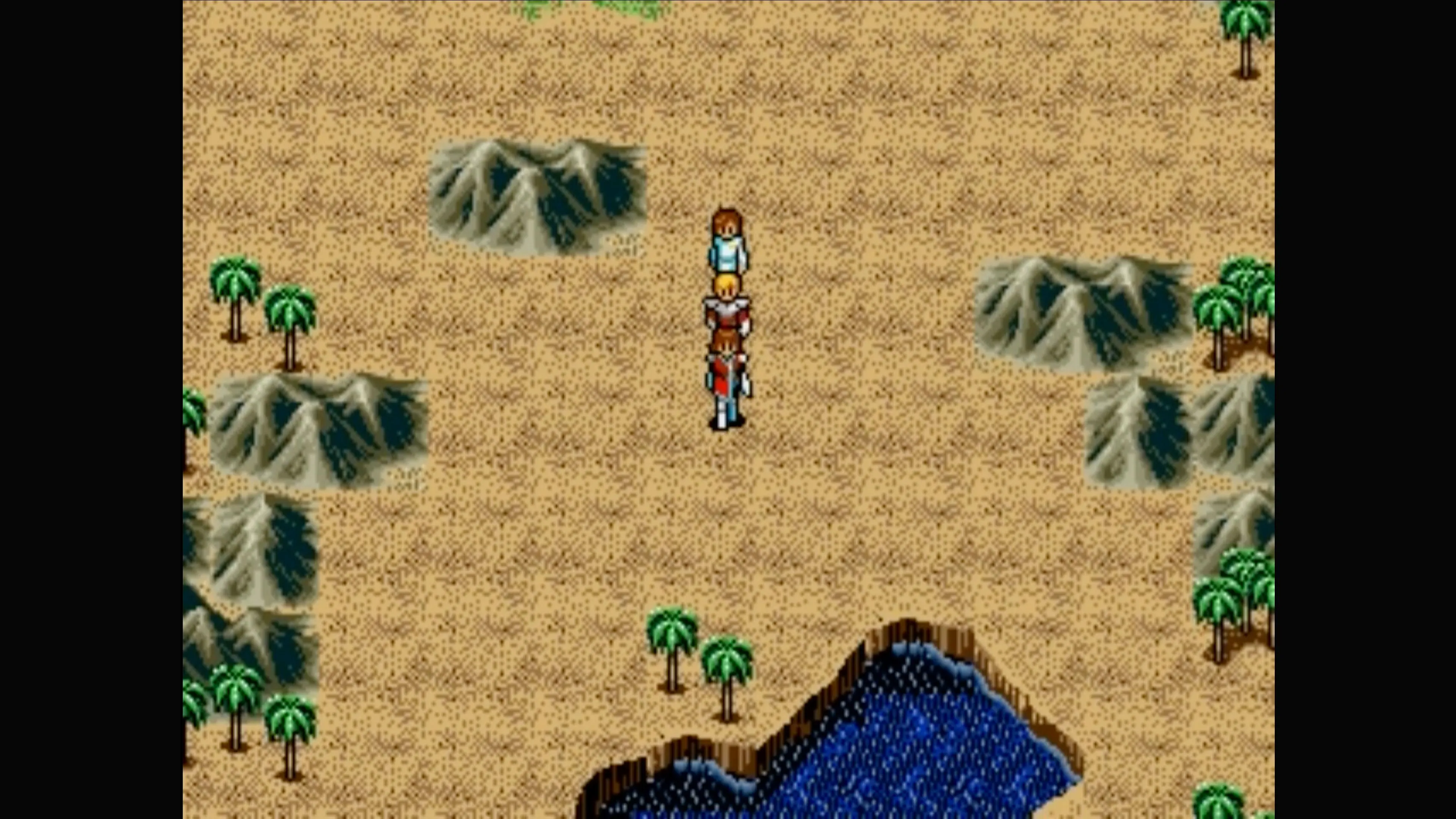 Một nhân vật đang khám phá môi trường game trong Phantasy Star IV, thể hiện đồ họa pixel art và thế giới game