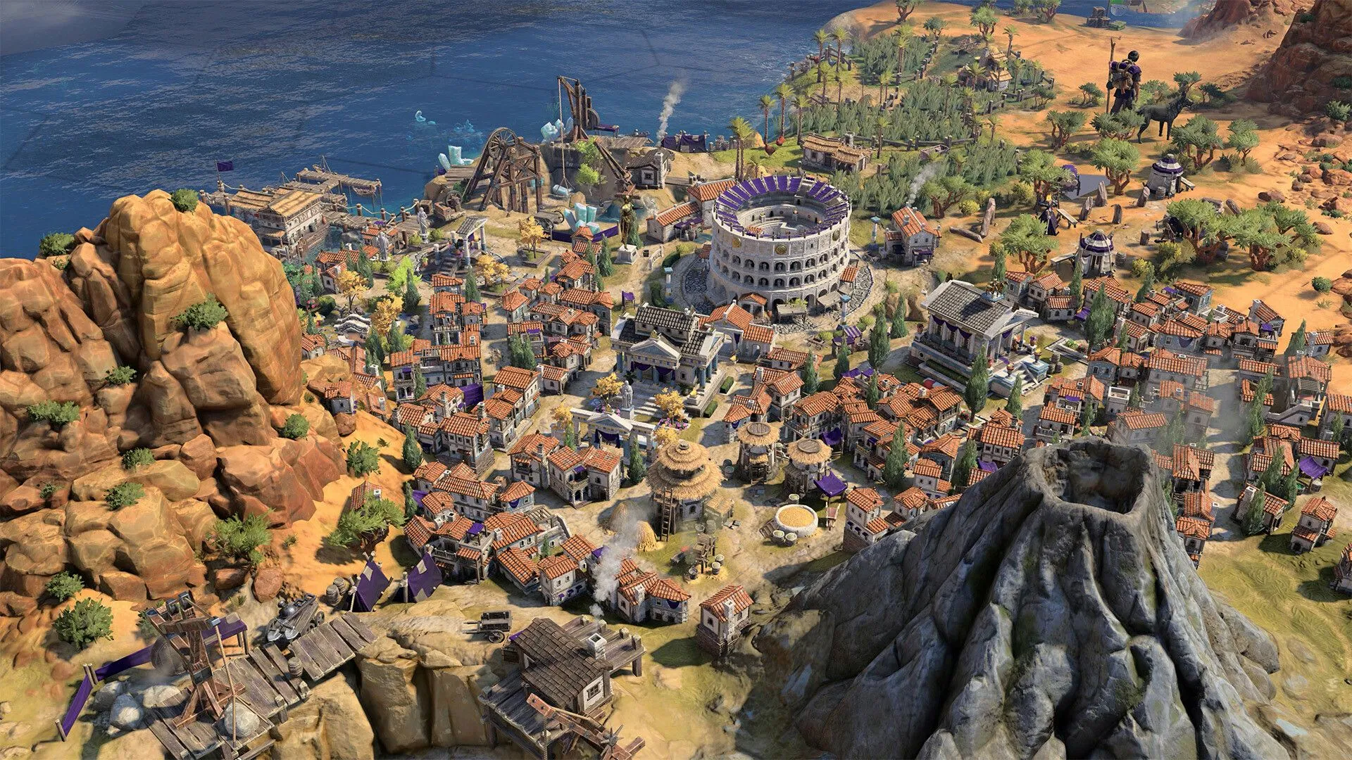Một thành phố cổ đại bên bờ biển trong game chiến thuật Sid Meier's Civilization VII