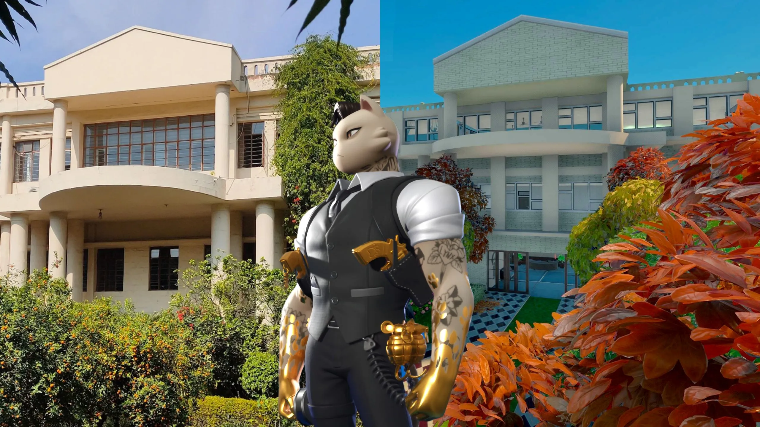 Một trường trung học được tái hiện trong Fortnite bằng Unreal Editor, thể hiện sự sáng tạo trong game.
