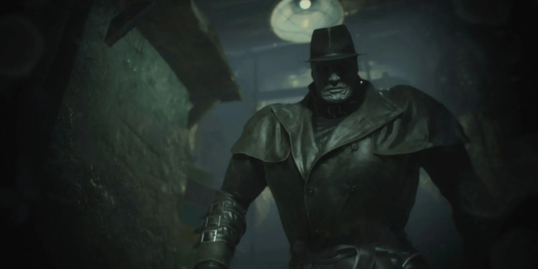 Mr. X, kẻ thù đáng sợ trong Resident Evil 2 Remake, xuất hiện trong bóng tối.