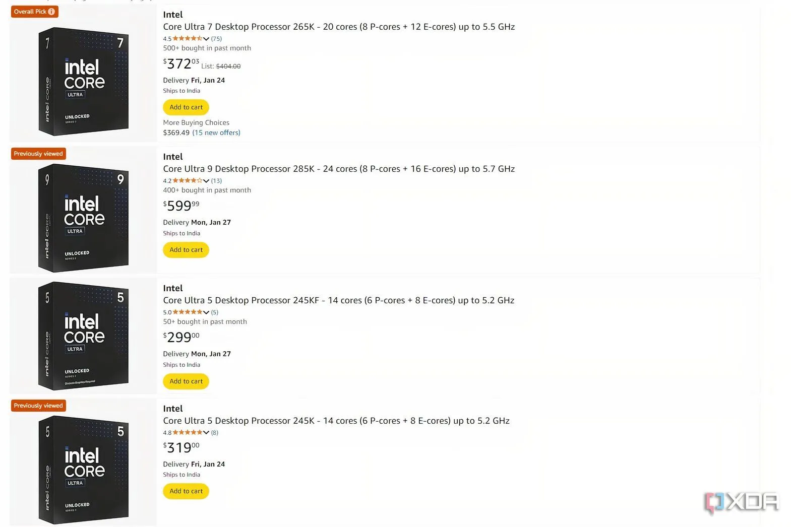 Mức giá của CPU Intel Core Ultra trên Amazon, phản ánh tình hình giá cả thị trường