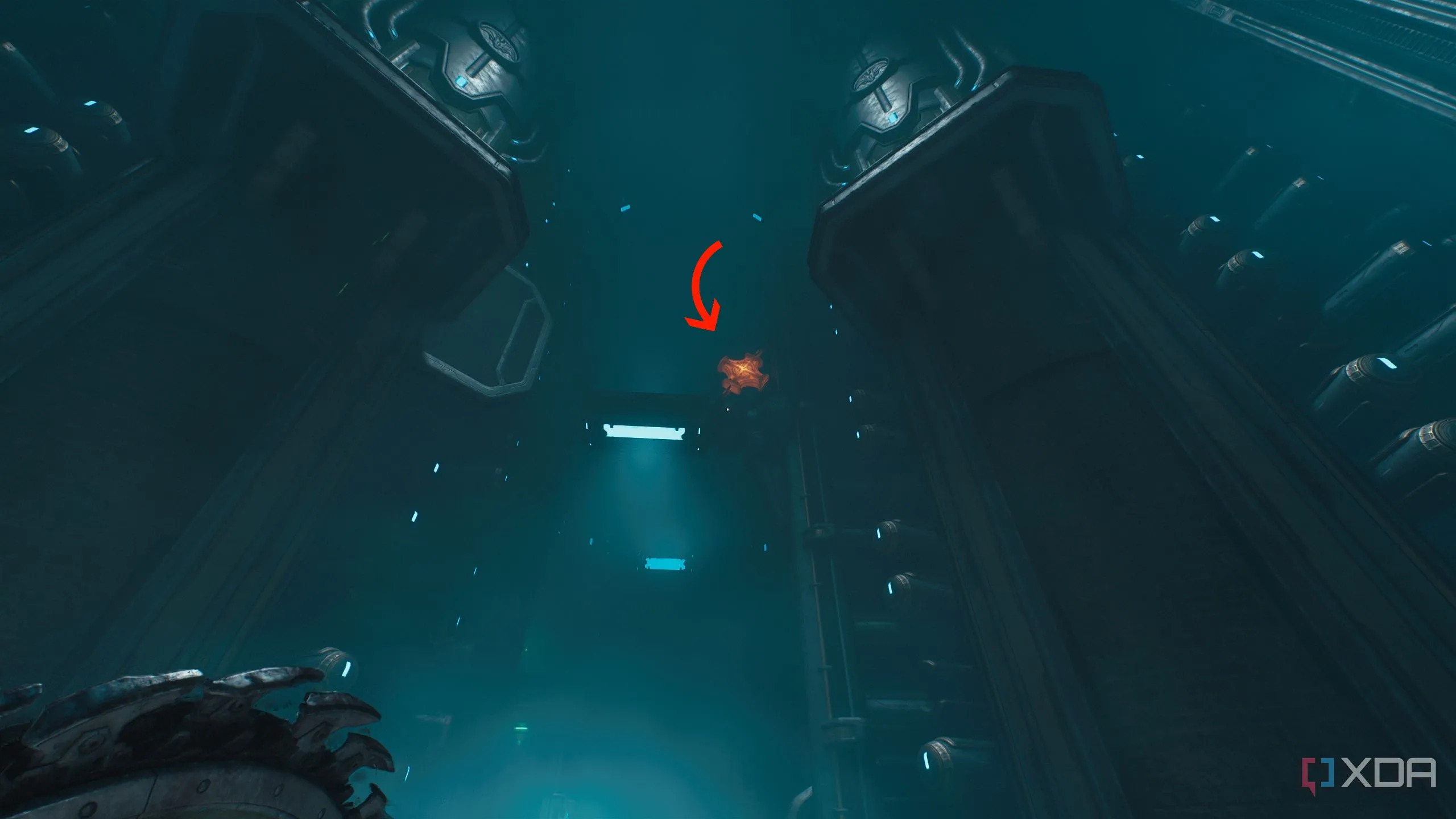 Mũi tên chỉ cây thập tự kim loại nung phía trên trong Doom The Dark Ages