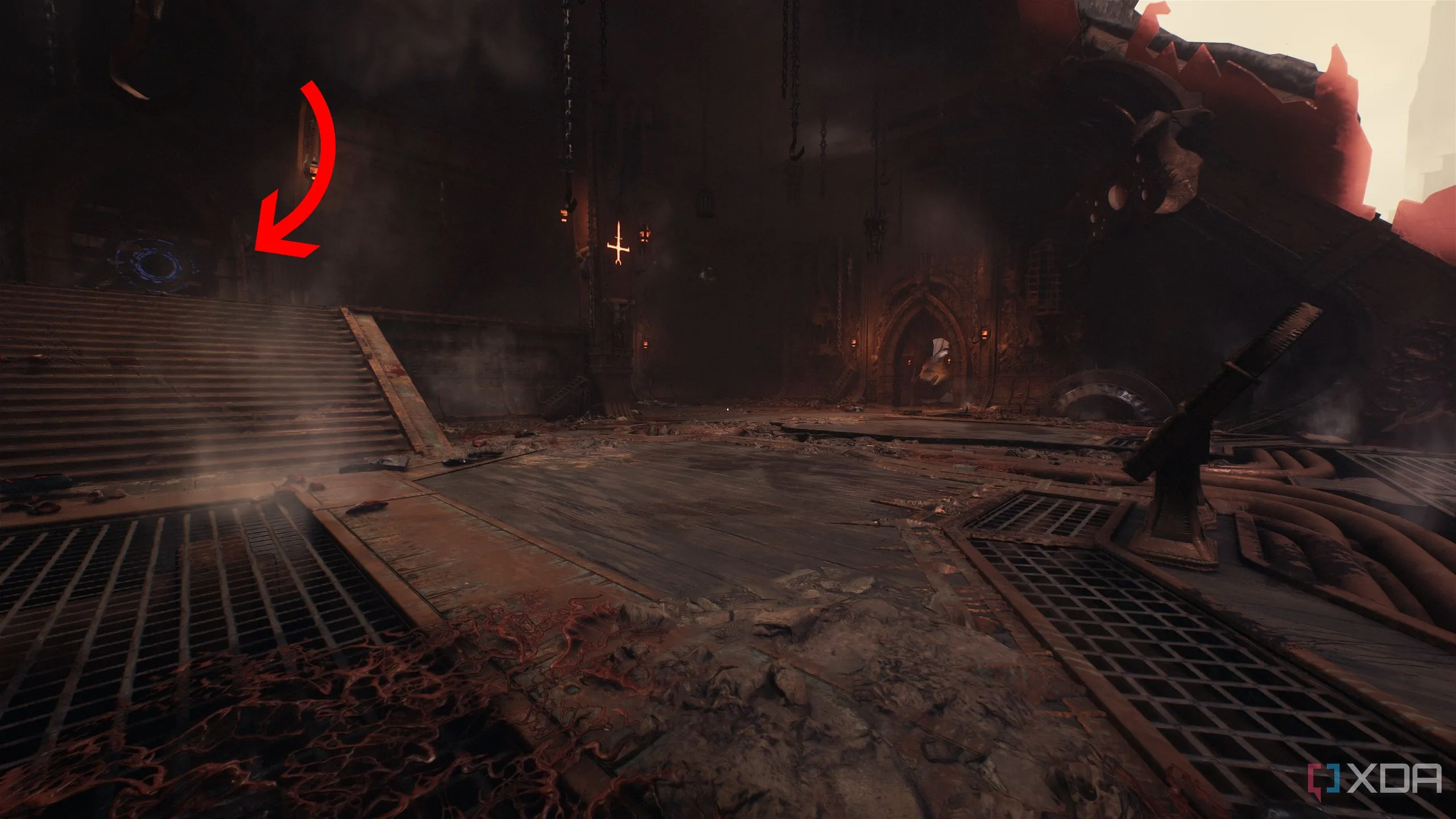 Mũi tên chỉ vào bức tường gỗ có biểu tượng Shield Bash trong Hell Carrier bị rơi