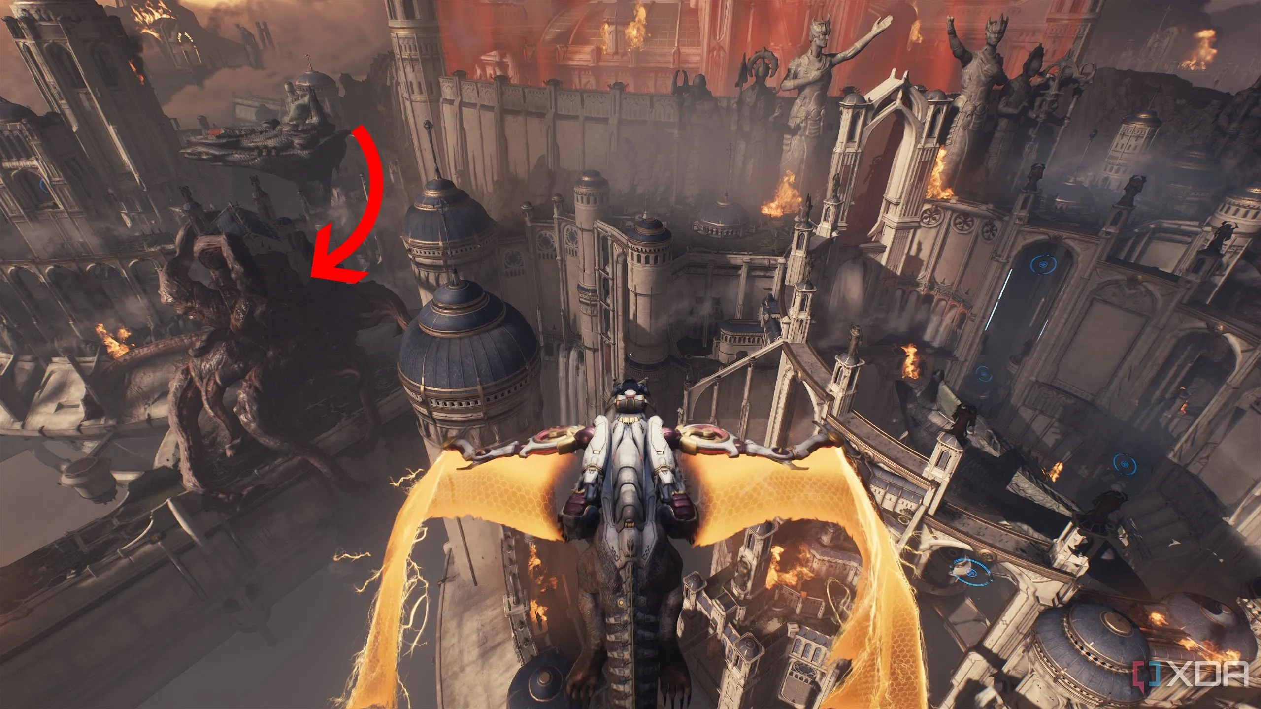 Mũi tên chỉ vào quái vật Leviathan ma quỷ gần cổng chính Holy City of Aratum