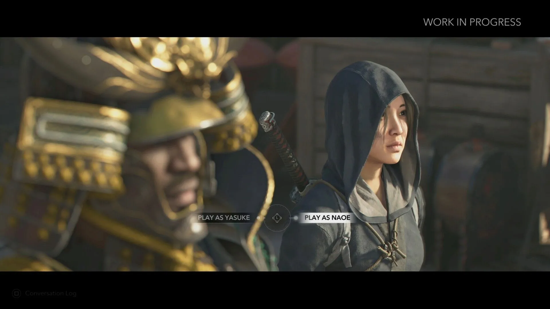 Naoe trong Assassin's Creed Shadows đang lén lút ẩn mình trong bóng tối, thể hiện yếu tố stealth được chú trọng