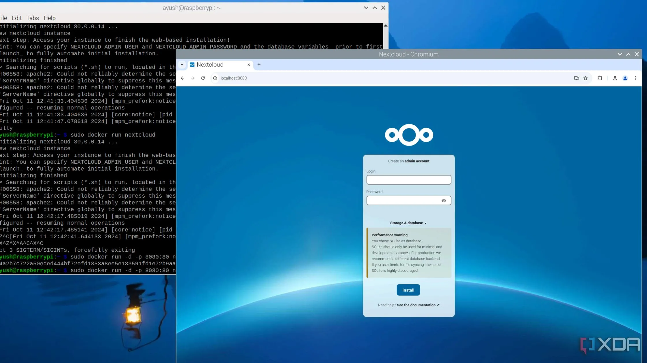 Nextcloud container hoạt động trên Raspberry Pi, minh họa tính năng triển khai và quản lý dự án cá nhân dễ dàng với Docker.