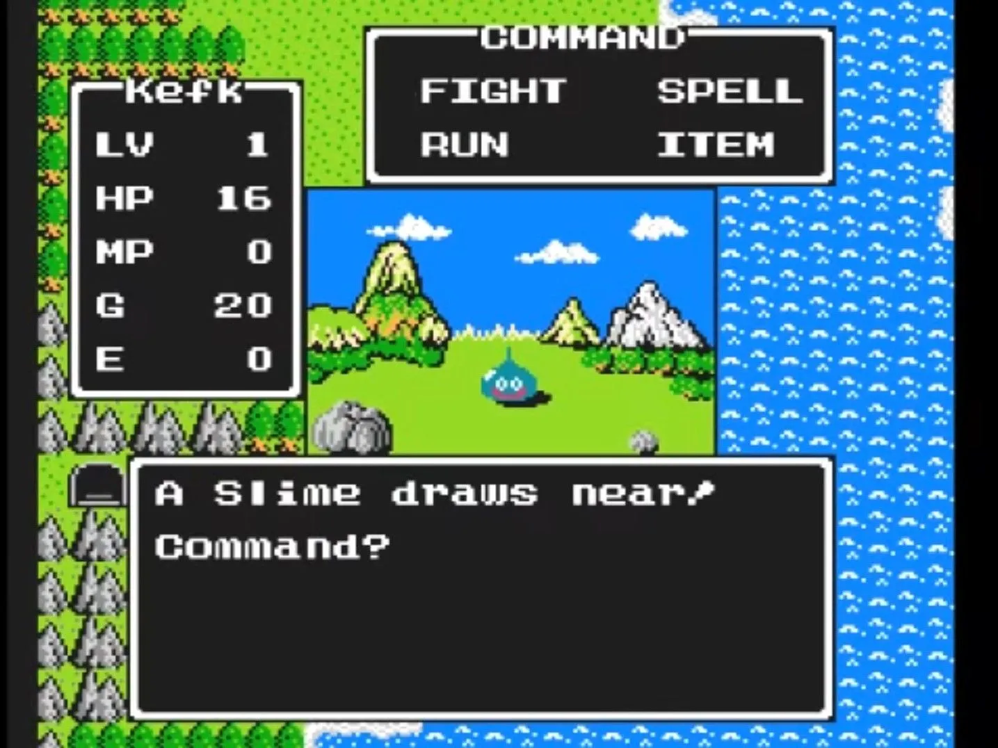 Người chơi đối mặt với quái vật Slime trong Dragon Warrior trên NES, tựa game RPG yêu cầu cày cấp và chiến thuật