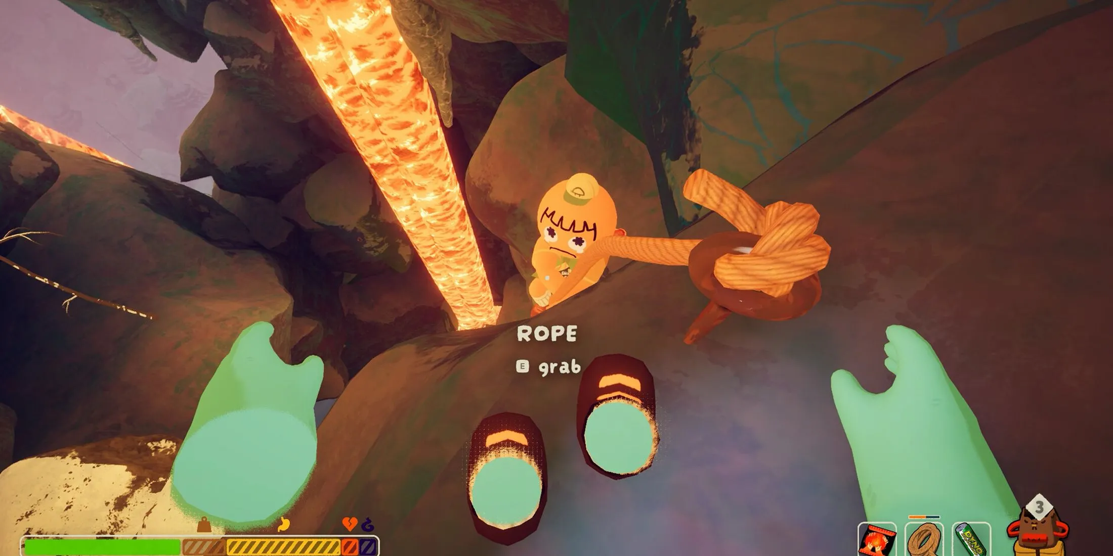 Người chơi game Peak đang sử dụng dây thừng để vượt qua vách đá, minh họa gameplay co-op