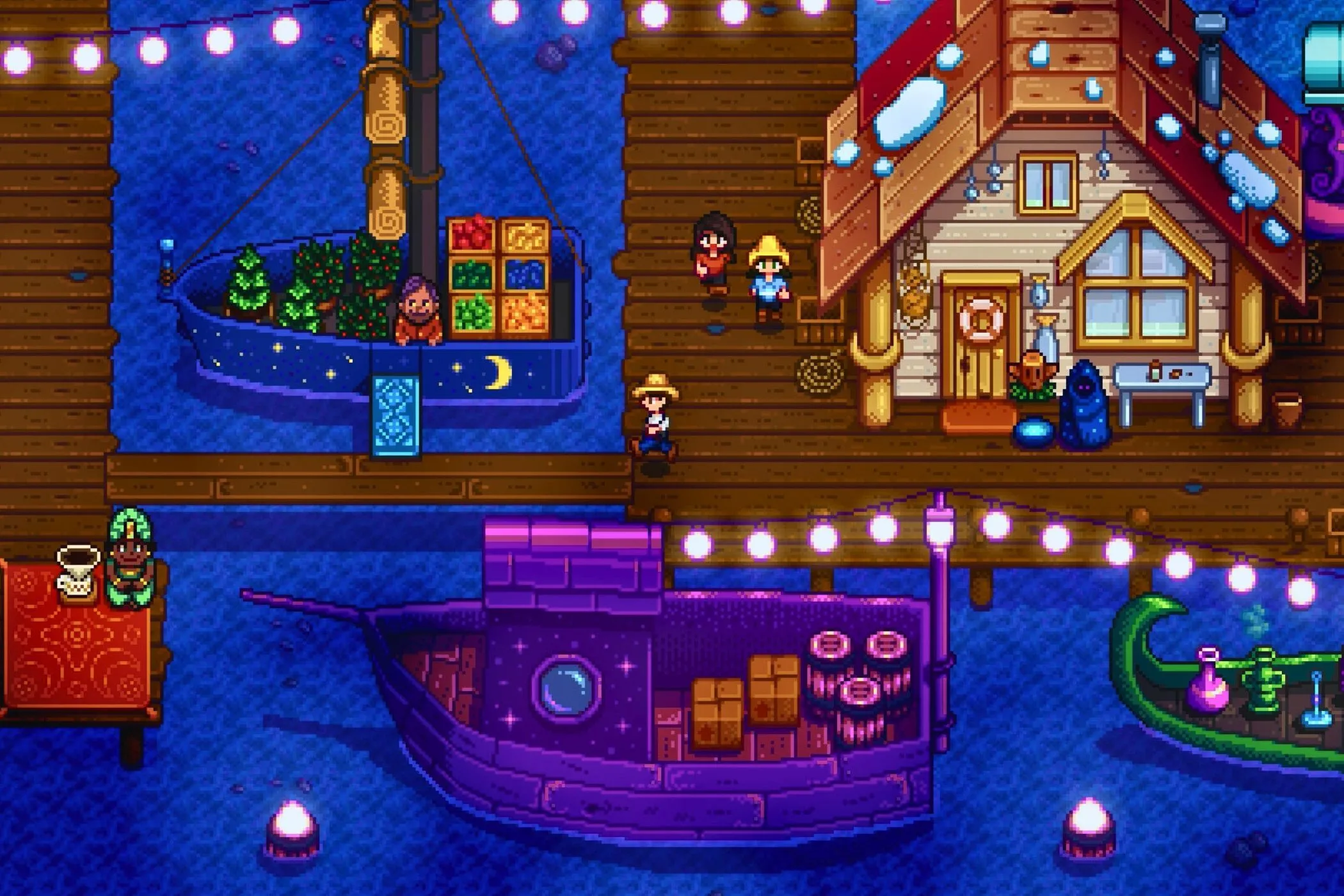 Người chơi Stardew Valley khám phá cầu tàu vào ban đêm, minh họa thế giới sống động