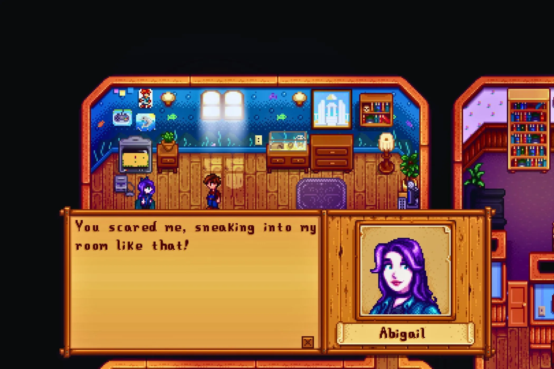 Người chơi Stardew Valley tương tác với nhân vật Abigail trong nhà cô ấy, thể hiện chiều sâu hệ thống quan hệ