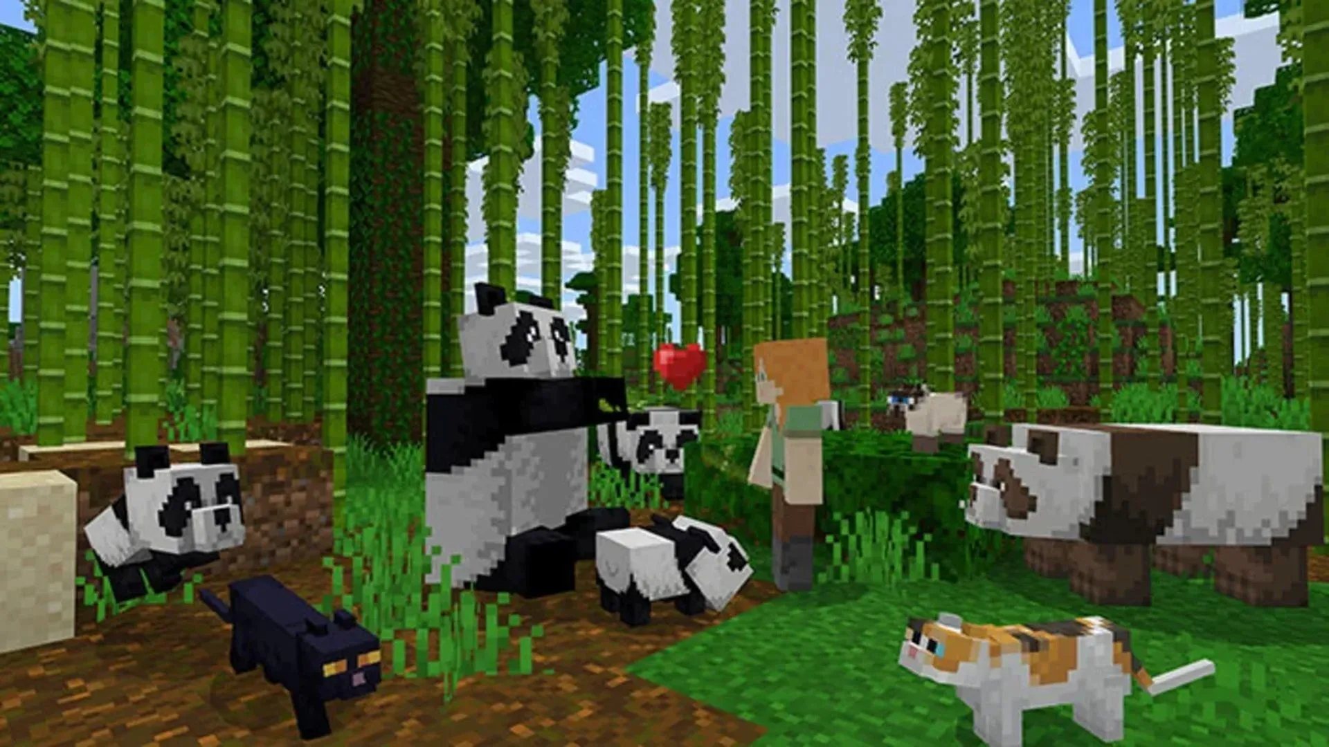 Người chơi và đàn gấu trúc trong thế giới Minecraft, cho thấy đồ họa mượt mà hơn trên Nintendo Switch 2