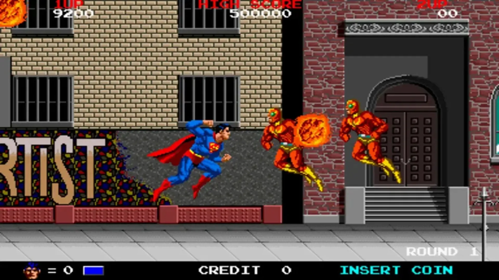 Người Đàn Ông Thép chiến đấu với kẻ thù trong Superman: The Video Game (1988), phong cách arcade