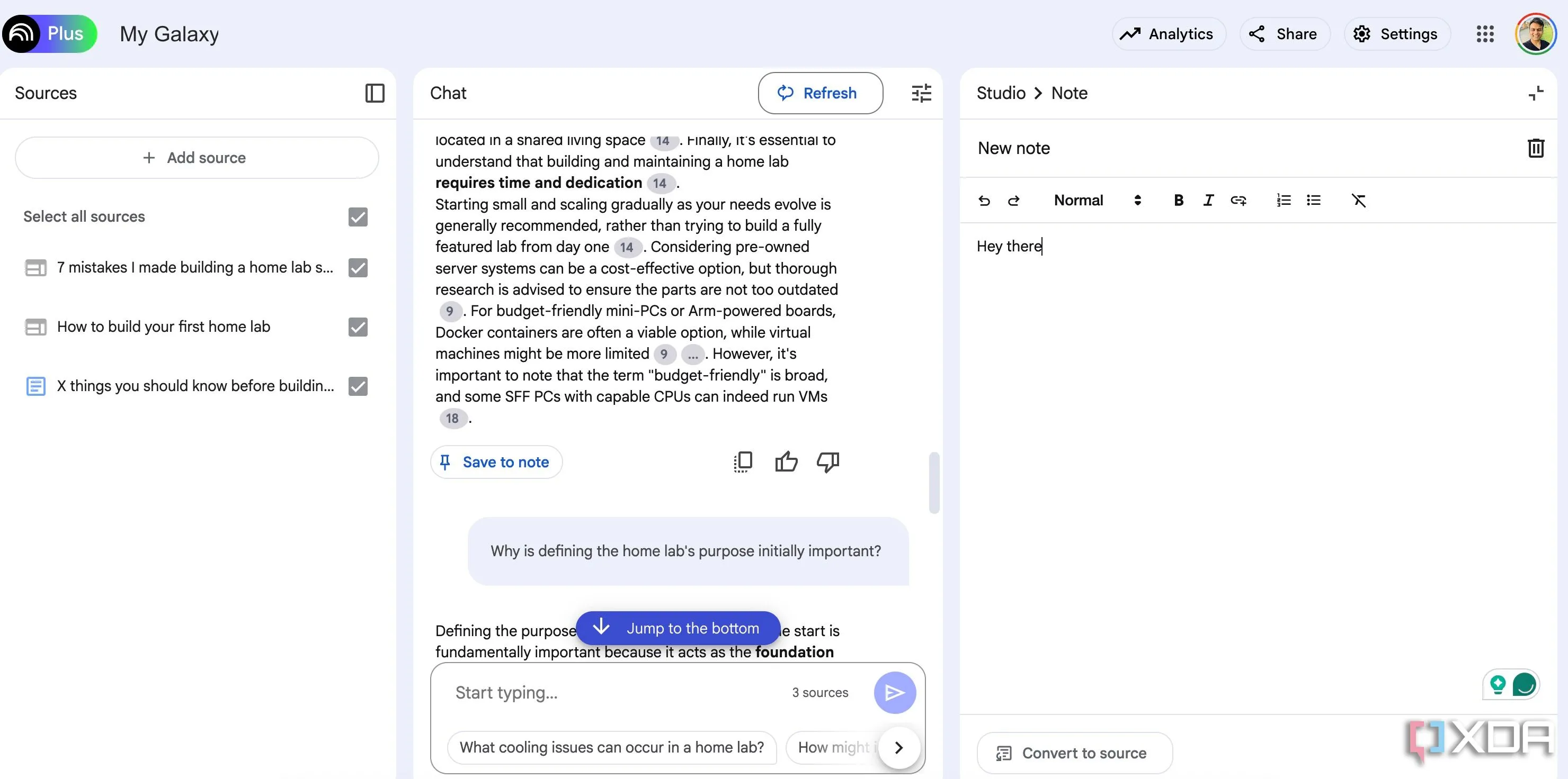 Người dùng đang tạo ghi chú trong NotebookLM, chọn các tùy chọn như Study guide, Briefing doc, Timeline, FAQ.