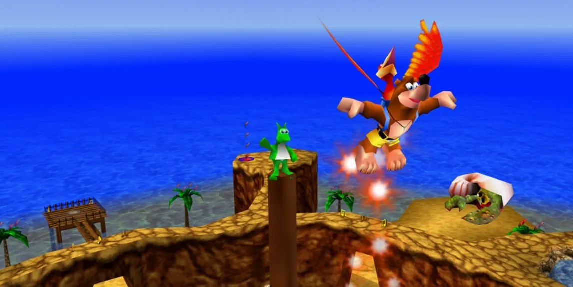Nhân vật Banjo-Kazooie đang nhảy trên không để thu thập vật phẩm Jinjo, thể hiện lối chơi platformer.