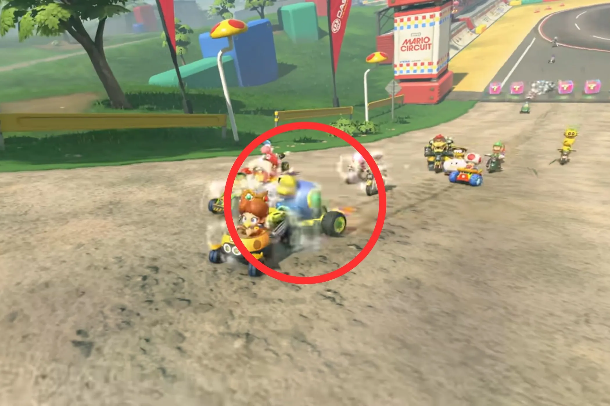 Nhân vật Cataquack màu xanh lái kart trên đường đua trong Mario Kart World với phong cách cổ điển