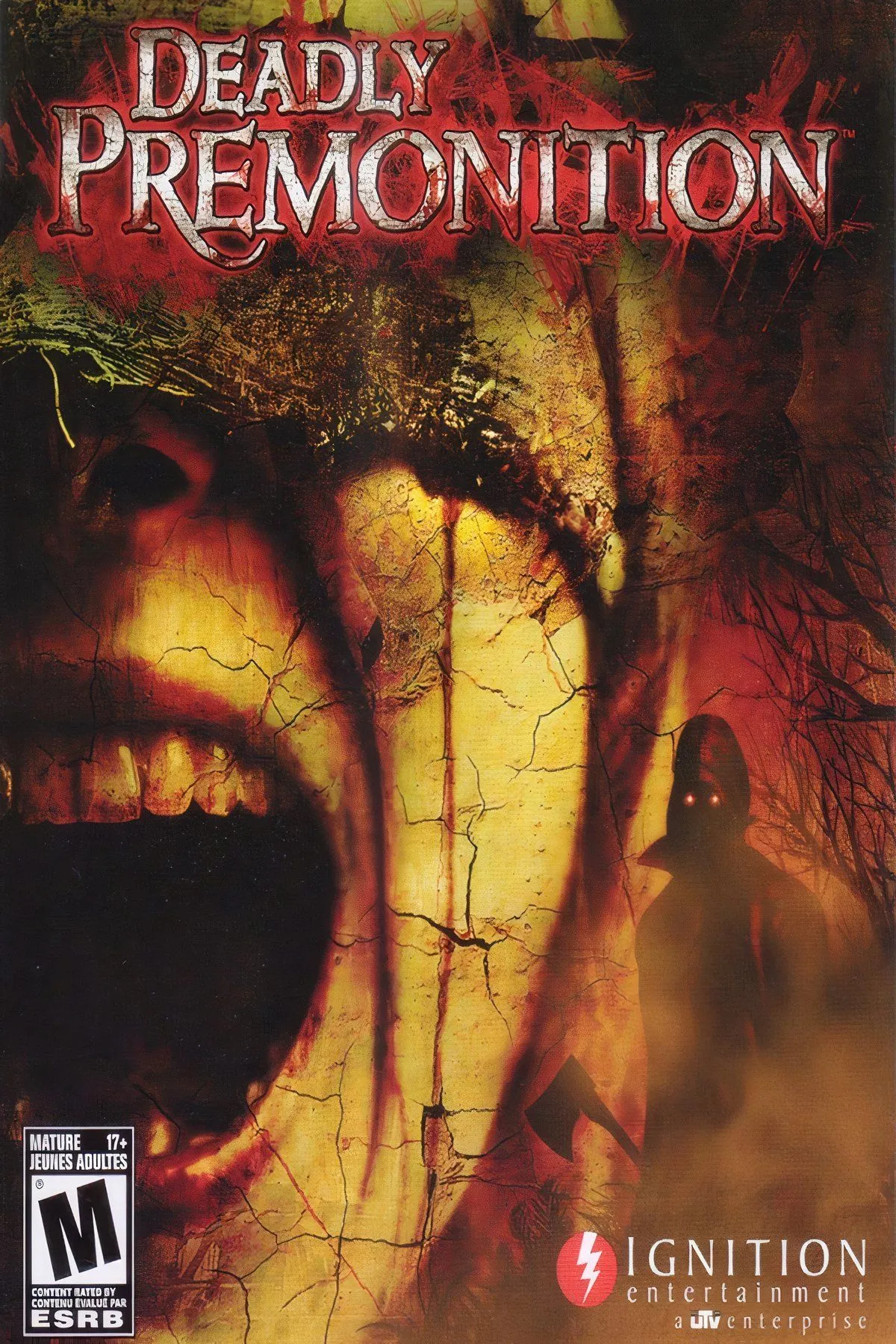 Nhân vật chính Deadly Premonition trong bộ đồ màu xanh đứng giữa bối cảnh u ám