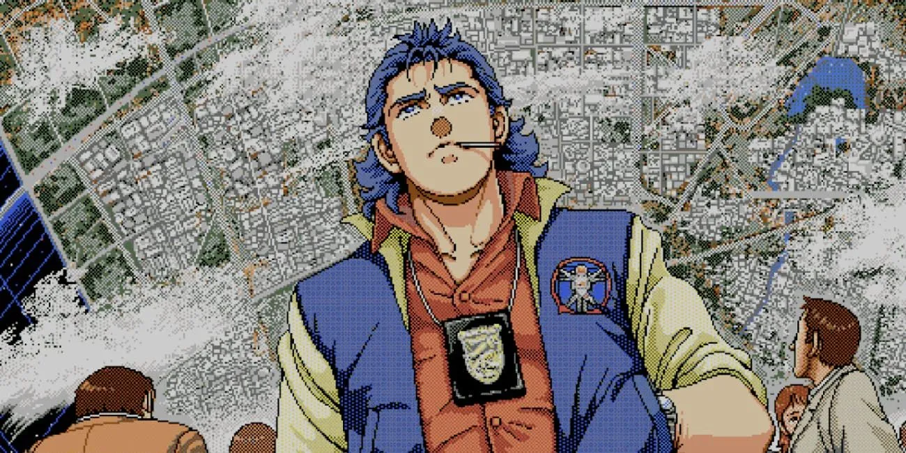 Nhân vật chính Jonathan Ingram trong game Policenauts với bản đồ thuộc địa phía sau