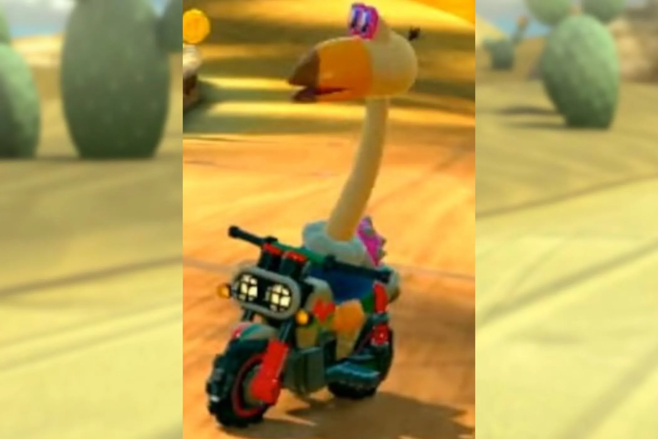 Nhân vật Conkdor đang lái xe trong môi trường sa mạc của Mario Kart World, thể hiện sự đa dạng nhân vật