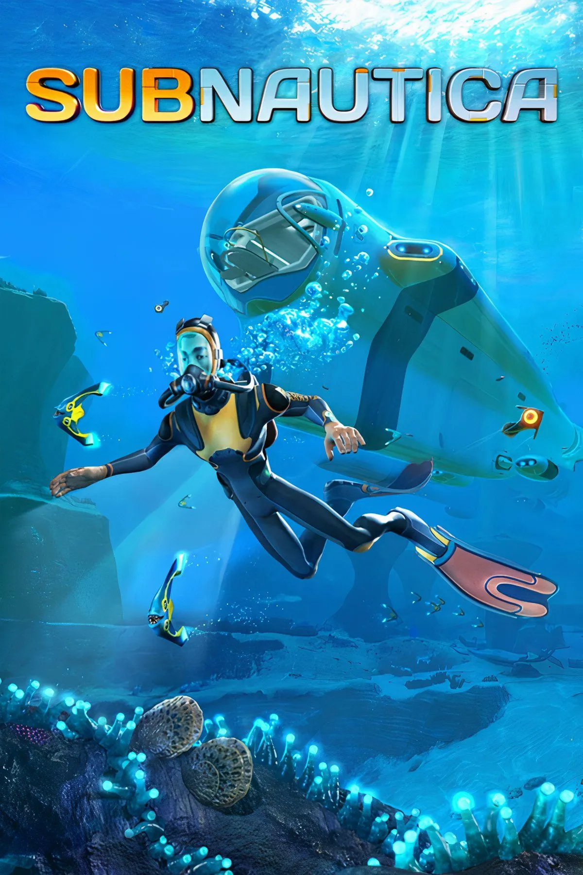 Nhân vật đang bơi gần một con tàu ngầm mini trong đại dương sâu thẳm của Subnautica với sinh vật biển phát sáng xung quanh