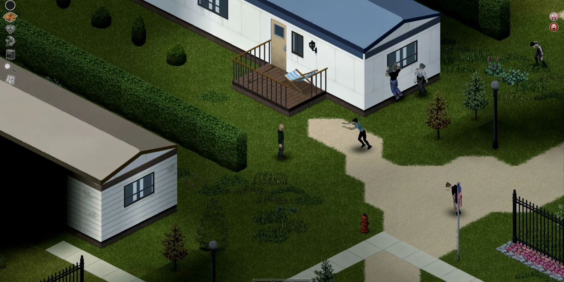 Nhân vật đang tìm kiếm vật phẩm tại công viên xe kéo trong Project Zomboid, đối mặt với bầy zombie.