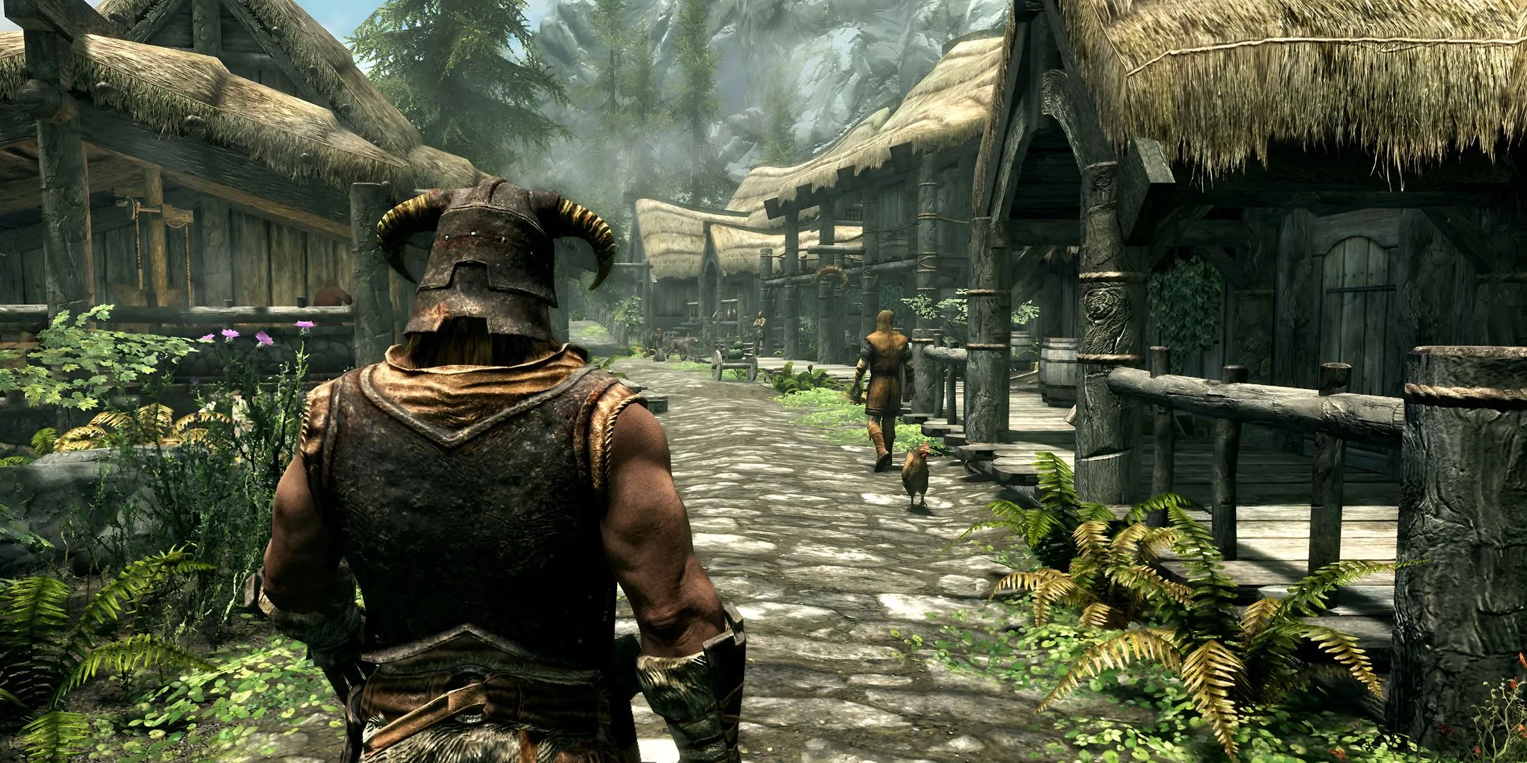 Nhân vật Dragonborn trong Skyrim đi bộ qua một ngôi làng, minh họa cảnh quan game có thể được bổ sung nội dung bởi quest mods