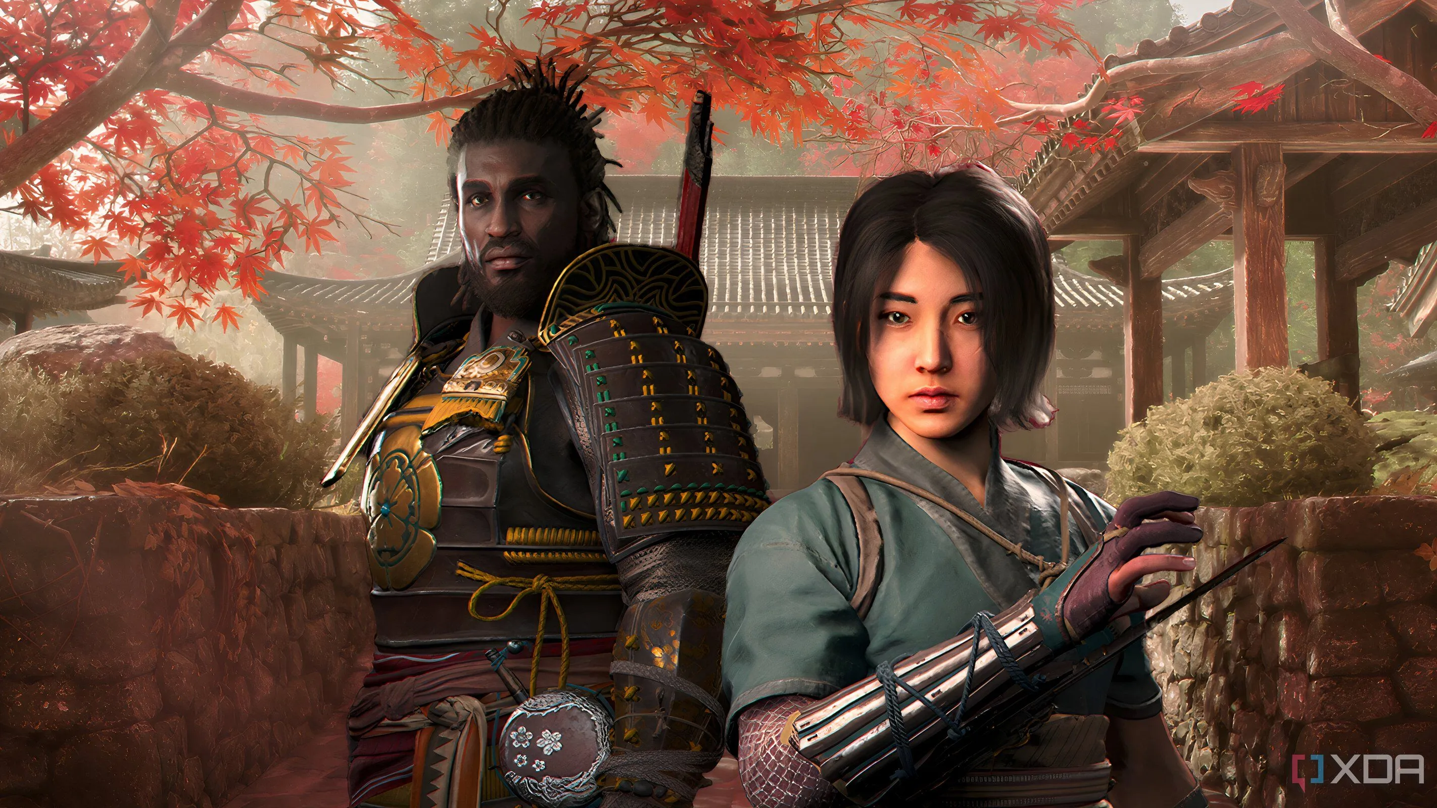 Nhân vật Fujibayashi Naoe và Yasuke trong bối cảnh kiến trúc Nhật Bản của Assassin’s Creed Shadows