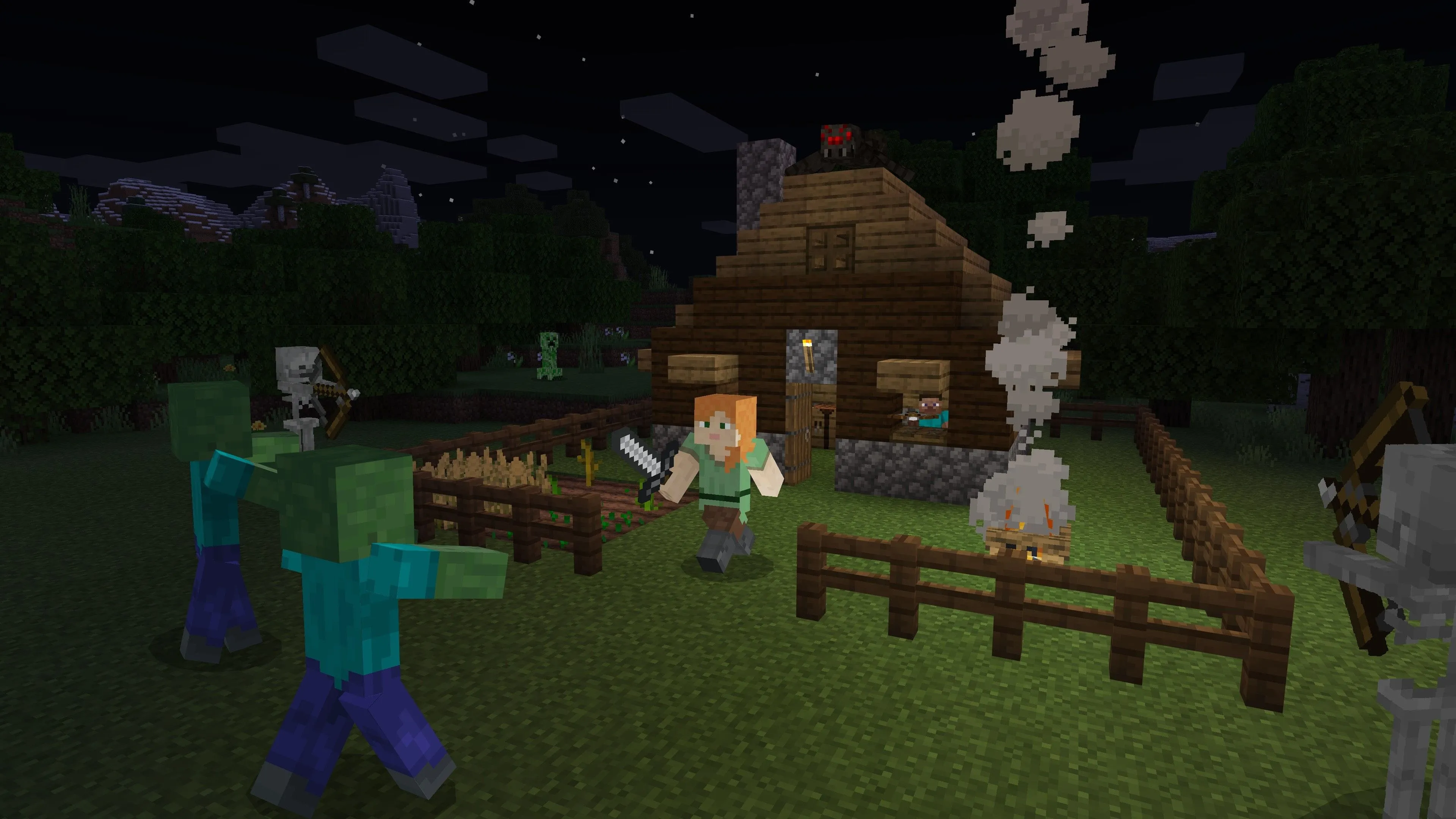 Nhân vật người chơi chiến đấu với quái vật trong thế giới pixel của Minecraft, thể hiện yếu tố sinh tồn.