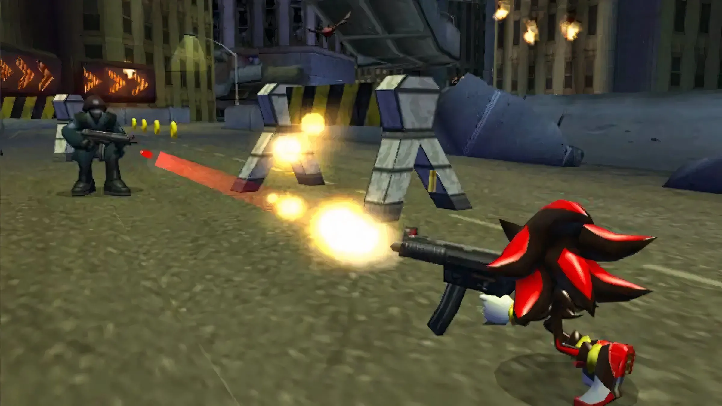 Nhân vật Shadow đang bắn súng trong tựa game Shadow the Hedgehog