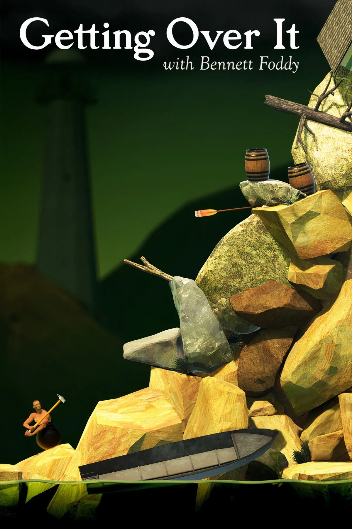 Nhân vật trong Getting Over It with Bennett Foddy đang cố gắng leo núi với chiếc búa