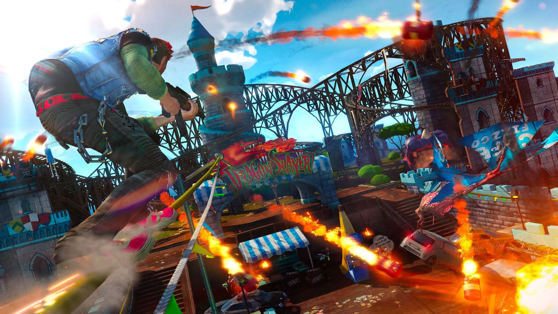 Nhân vật trượt ván trên đường ray đầy màu sắc trong game Sunset Overdrive