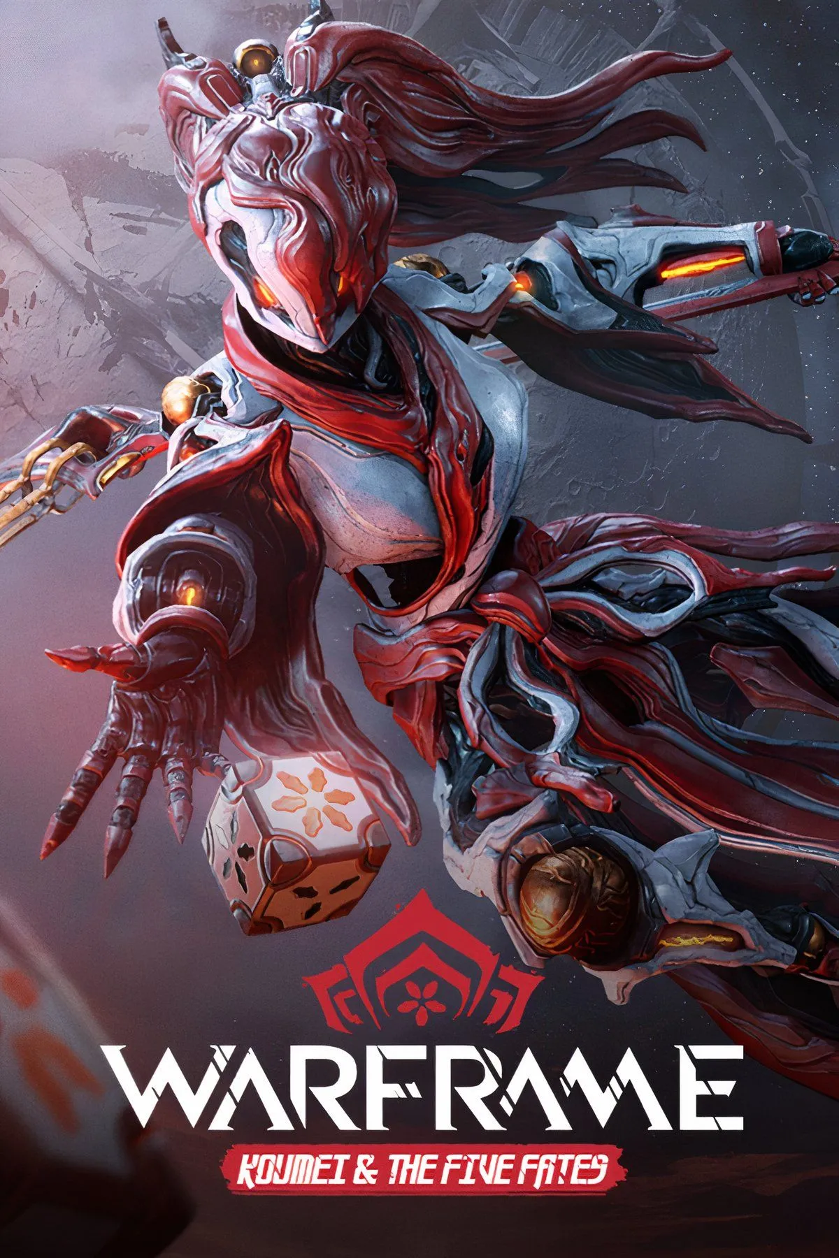 Nhân vật Warframe với bộ giáp Tenno và vũ khí trong bối cảnh game khoa học viễn tưởng