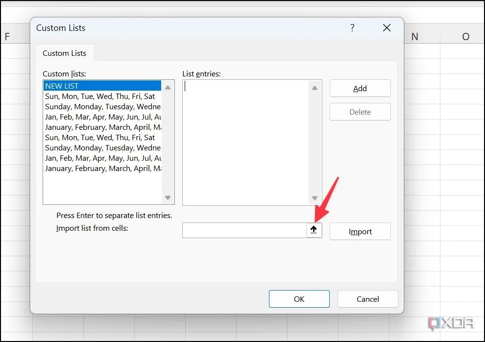 Nhập danh sách tùy chỉnh từ các ô có sẵn trong Excel