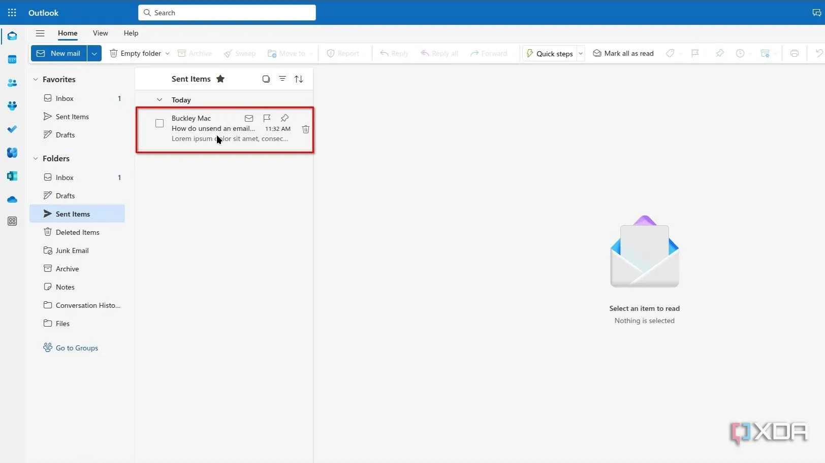 Nhấp đúp vào email đã gửi để mở trong cửa sổ mới trên Outlook