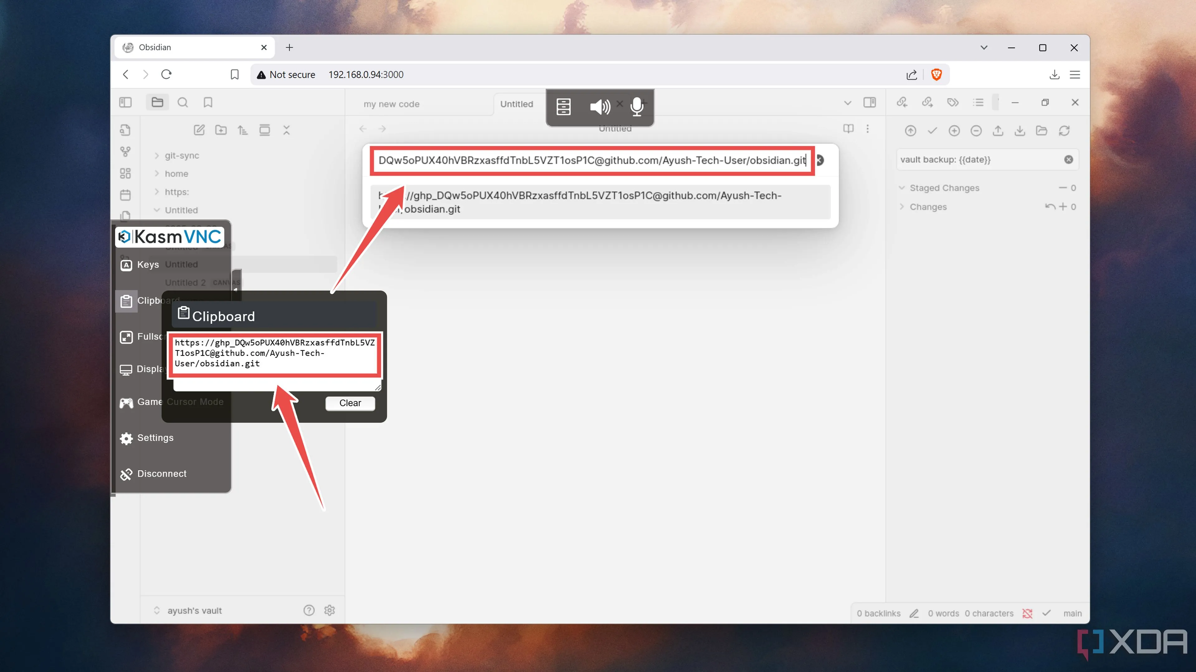Nhập Personal Access Token và URL kho GitHub vào Obsidian để clone repository